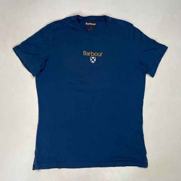 Barbour emblem Logo T-shirt amen Tailored Fit Medium Blue Short Sleeve - Picture 1 of 5